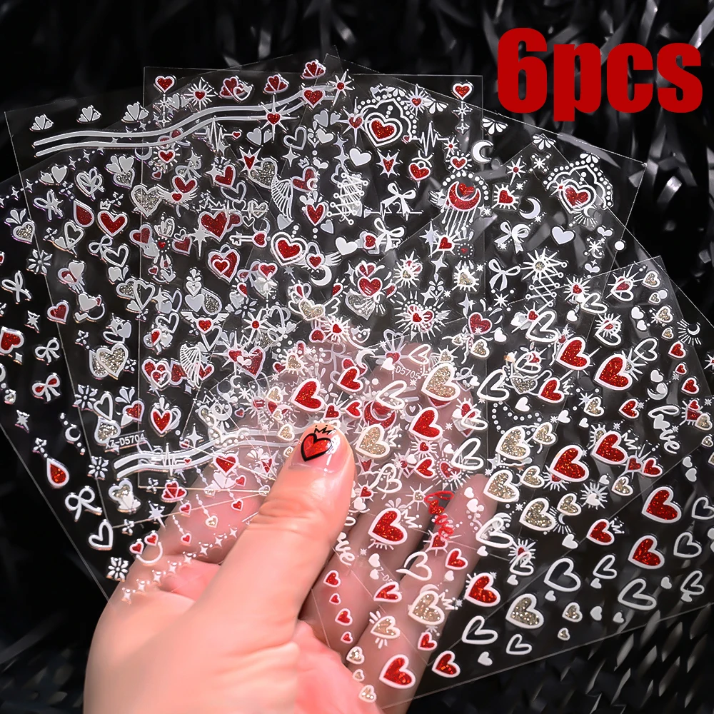 

6Sheets Y2k White Bowknot Red Love Glitter Nail Decals 3D Heart Bow Nail Art Stickers Slider DIY Adhesive Manicure Sticker Decor