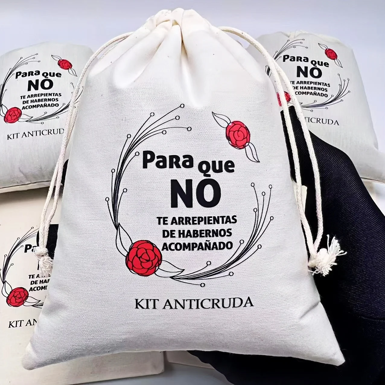 5 unids/lote bolsa DE regalo DE fiesta bolsa DE algodón bolsa con cordón 13*18CM KIT ANTICRUDA "Para que NO TE ARREPientas DE HABERNOS ACOMPAÑADO