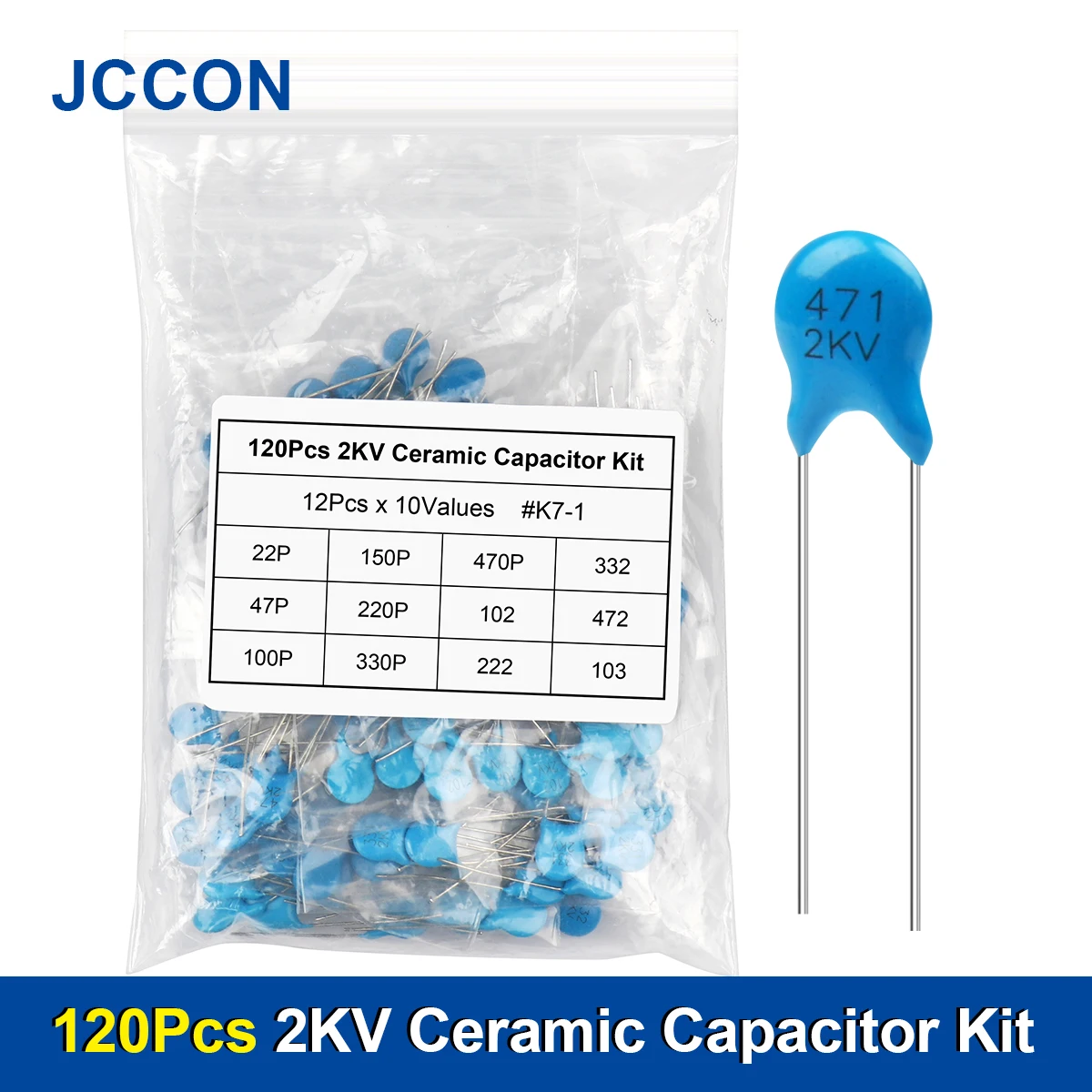 

120Pcs 12 Values JCCON High Voltage Ceramic Capacitor Assortment Kit (100PF-10000PF) 2KV Capacitor Kit 22P 47P 100P 150P 220P