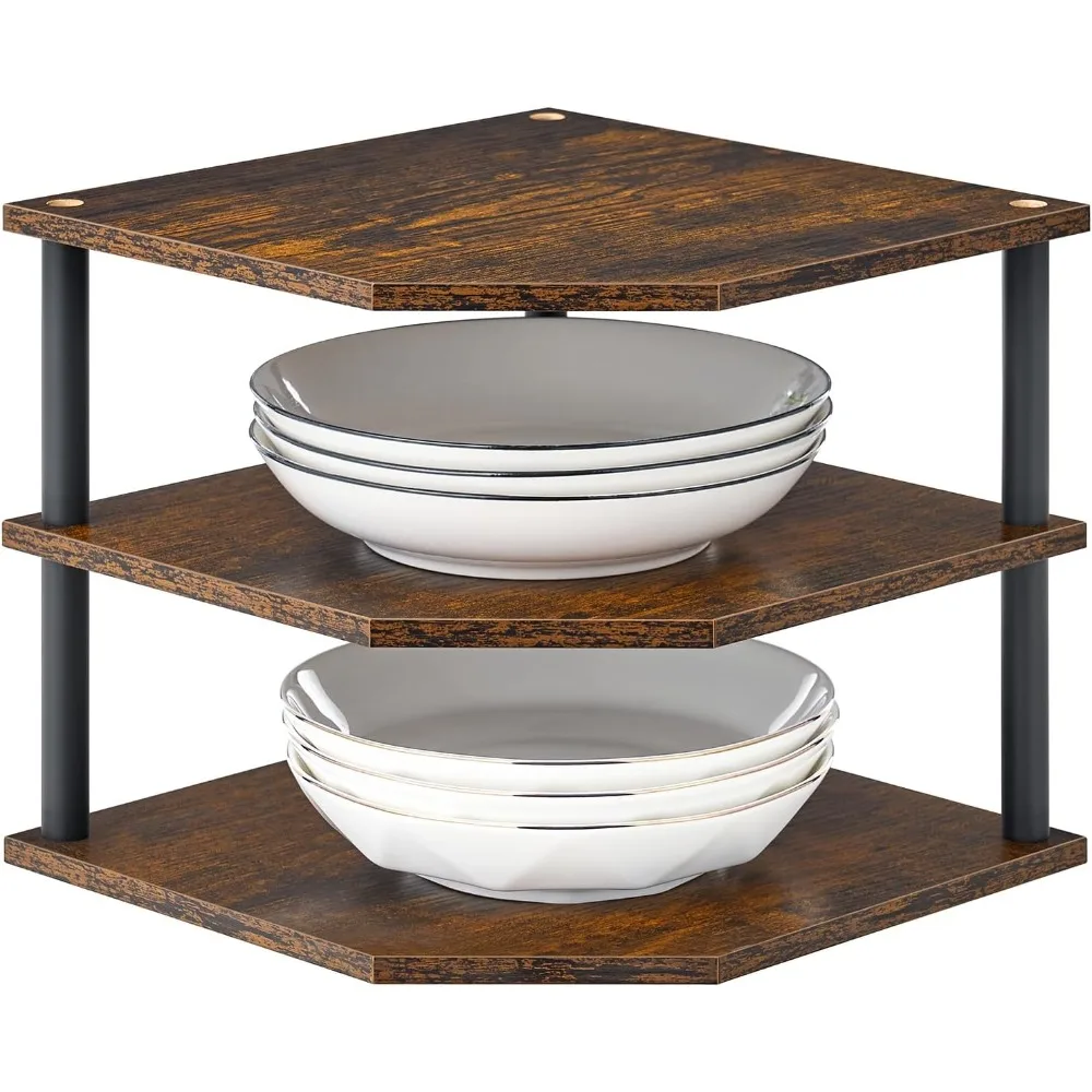 

wooden 3-tier corner shelf, kitchen countertop dish & bread organizer counter stand storage for desktop bedroom bathroom small s
