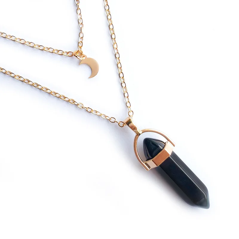 1 Pc Women Moon Hexagonal Prism Pendant Necklace Six Prism Glass Necklace Fashion Double Layers Crescent Pendant Necklace