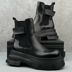 2024 Thick-soled Heightening Chelsea Men's Autumn and Winter Black Medium Tube Cigarette Advanced Short High-top Leather Boots