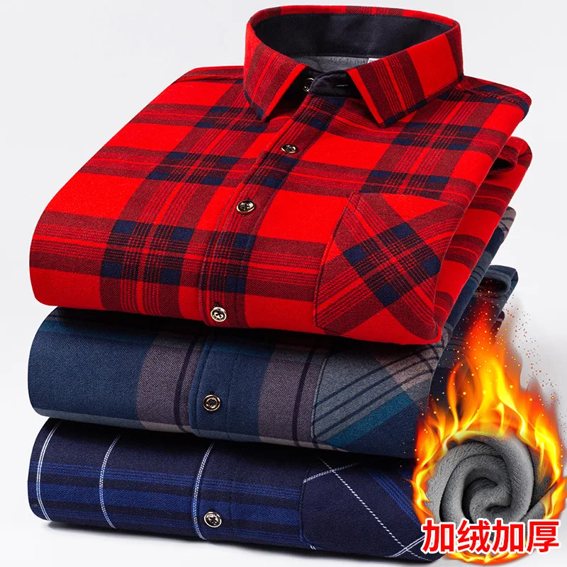 Men's fleece thickened plaid anti-wrinkle winter office double-sided fleece high-quality warm clothes with extra size shirt's