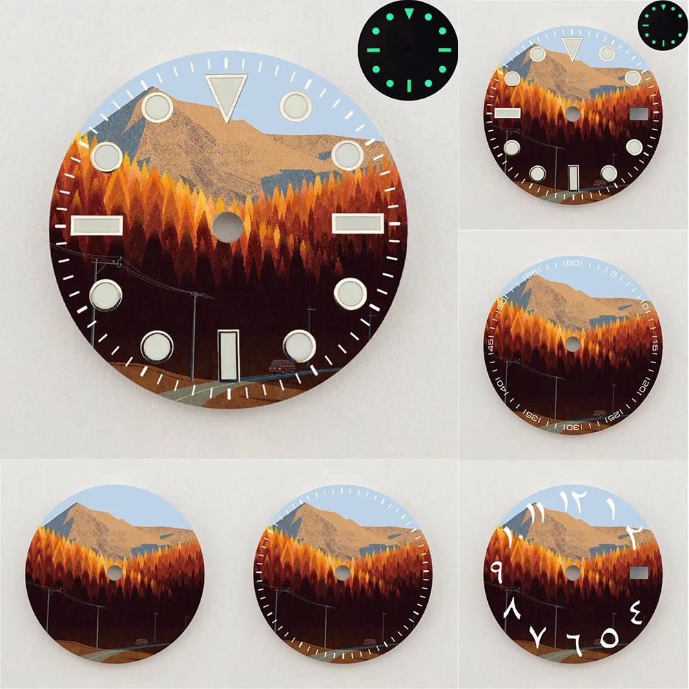 28.5mm NH35 Dial Autumn Mountain Forest Scenery Dial Luminous Dial Colorful NH36 Dial Watch Accessories Fits NH35/NH36 Movement