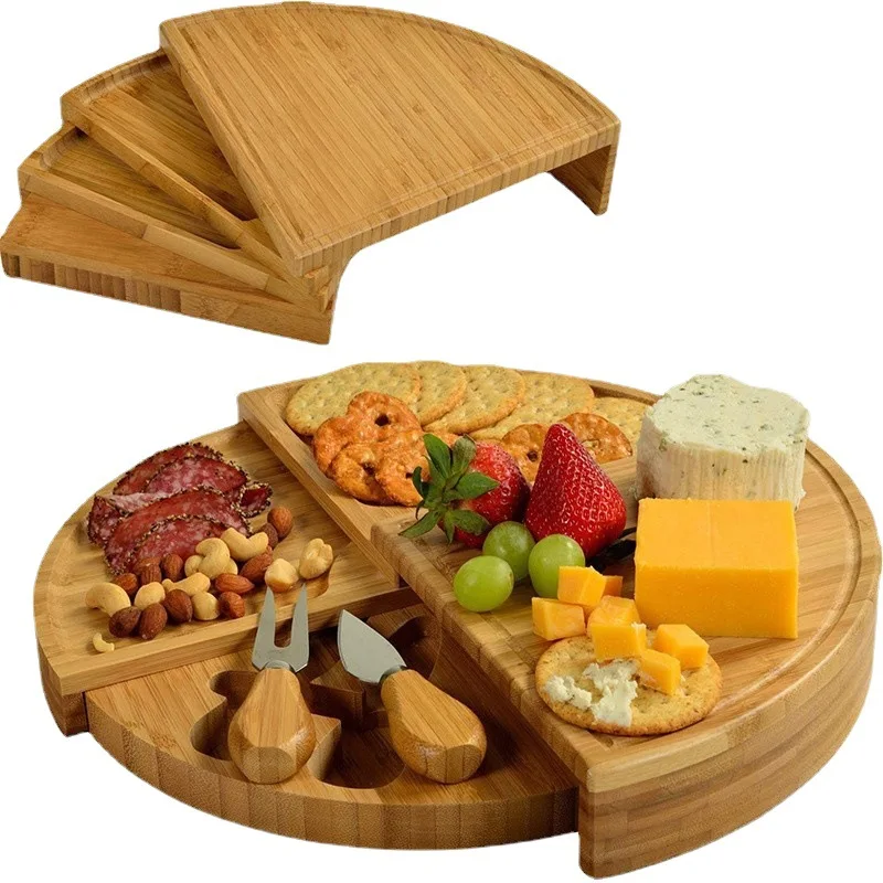 Bamboo Cheese Plate Cheese Cutting Board Pull-Out Scalloped Bamboo Cheese Board Deli Board Assortment Snack Platter