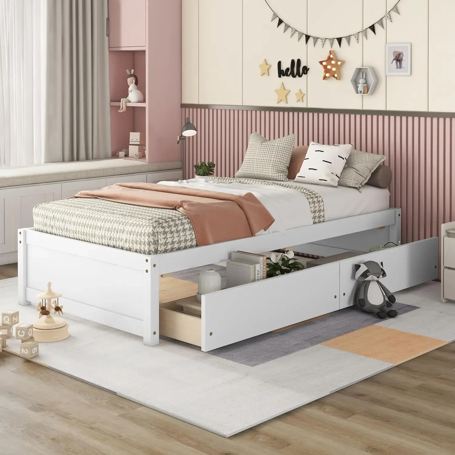 Storage Drawers,Kids Twin Bed with Storage,Twin Bed Frames for Kids, Teens, Adults, Solid Wood Platform Bed,White