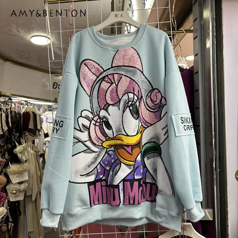 Heavy Industry Unique Design Sequin Print Cartoon Loose Long Sleeves Sweatshirt Autumn Fashion Versatile Top O-neck Hoodies Girl