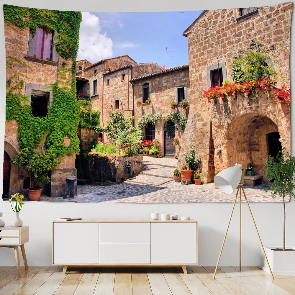 

Beautiful Town Landscape Tapestry Wall Hanging Polyester Fabric Garden Scenery Wall Rug Carpets Home Decor Big Couch Blanket