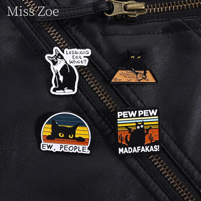 

Pew Pew Madafakas Cat Enamel Pin Provocating Playful Emotional Kitten Lesbians Eat What Brooch Lapel Badge Jewelry Gifts For Kid