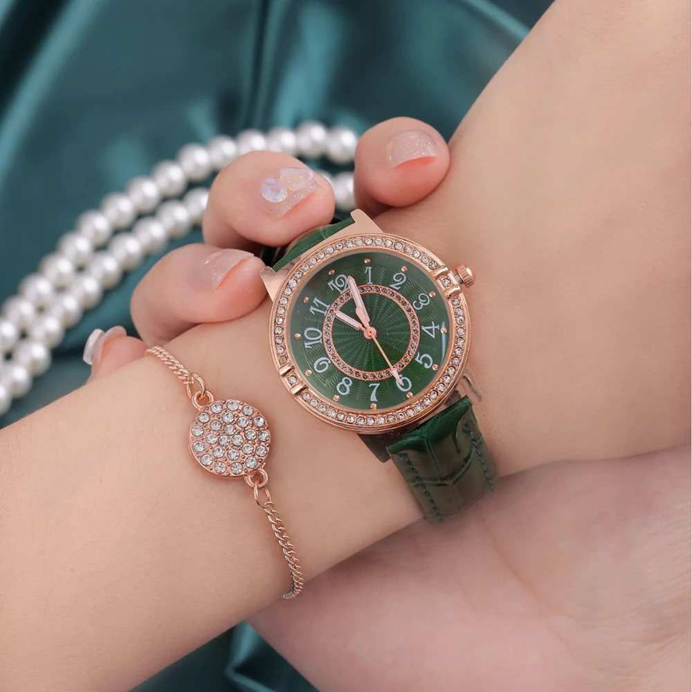 5Pcs Luxury Women Fashion Green Watches Diamond Quartz Wristwatches With Jewel Set Ladies Leather Watch Elegant Montre Femme+Box