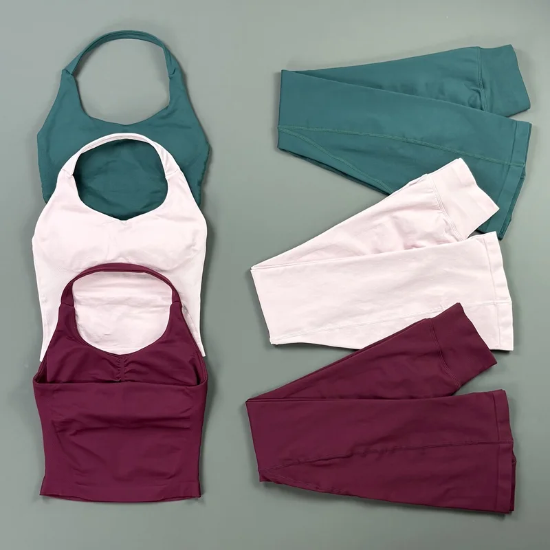 2 Piece Workout Set High Support Halter Top Low Ribbed Waist Seamless Flare Leggings Set Quick Dry Tummy Control Gym Sports Suit