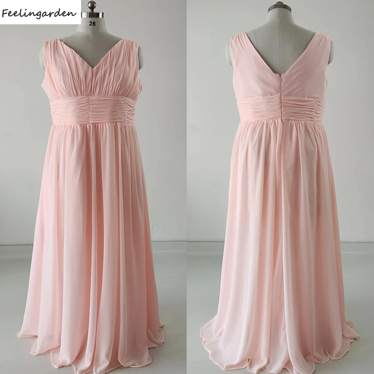 Feelingarden-vestido de noche de gasa rosa sin mangas para mujer, vestido Formal de fiesta con cuello en V y cremallera, talla grande, línea A, largo hasta el suelo