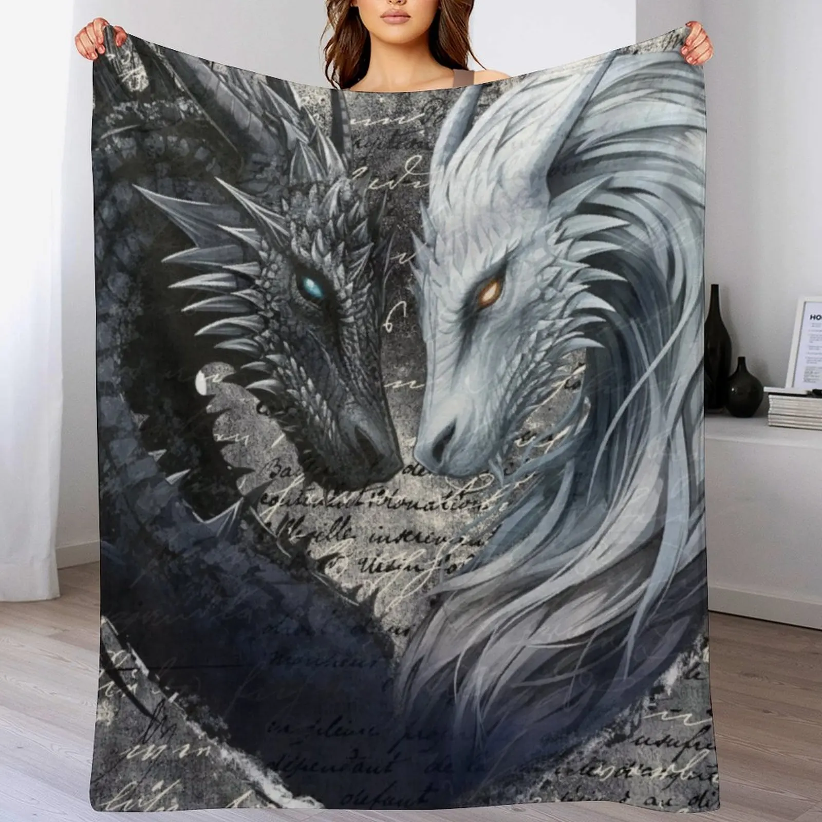 Eternal Dance of Light and Dark Dragons Art Throw Blanket Anti Shedding Soft Fuzzy Blanket for Home
