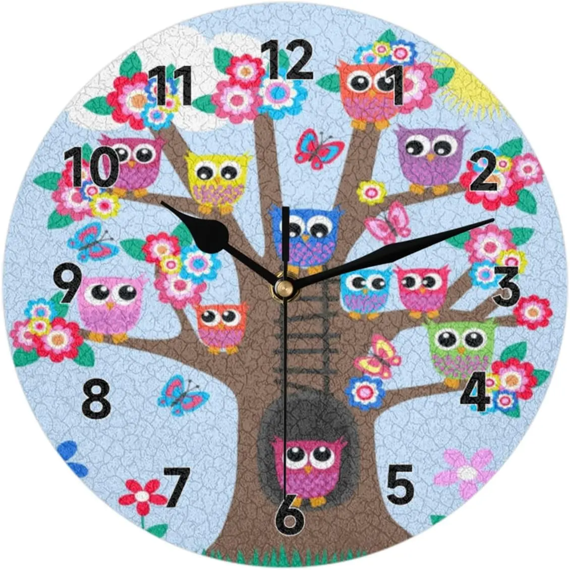 Owls On Braches Wall Clock Decorative Round 12 Inch Cute Modern Wall Clocks Battery Operated for Living Room Bedroom Kitchen Bat