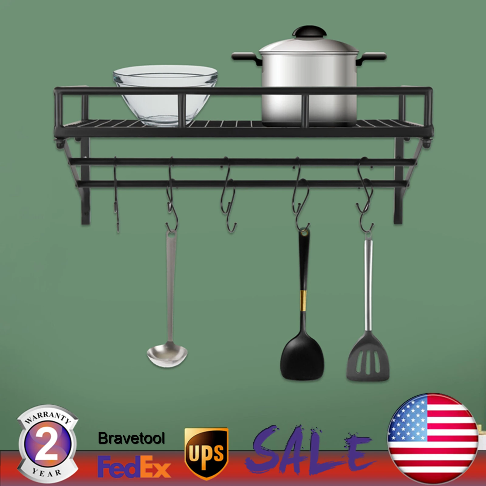 

Wall Mounted Pot and Pan Organizer, 24 Inch Hanging Pot Rack, Holder Storage Shelf with 10 Hooks for Home,Hotel Use 2 Tier