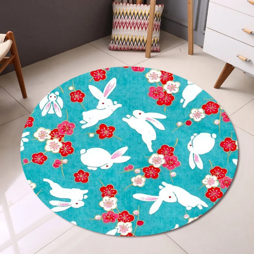Whimsical Rabbit and Floral Round Rug Blue Green Carpet with White Bunnies Pink Flowers Soft Non-Slip Kids Floor Mat