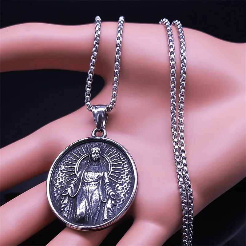 Our Lady Virgin Mary Pendant Necklace Stainless Steel Silver Color Holy Mother of God Necklaces Jewelry colar masculino NZ316S02