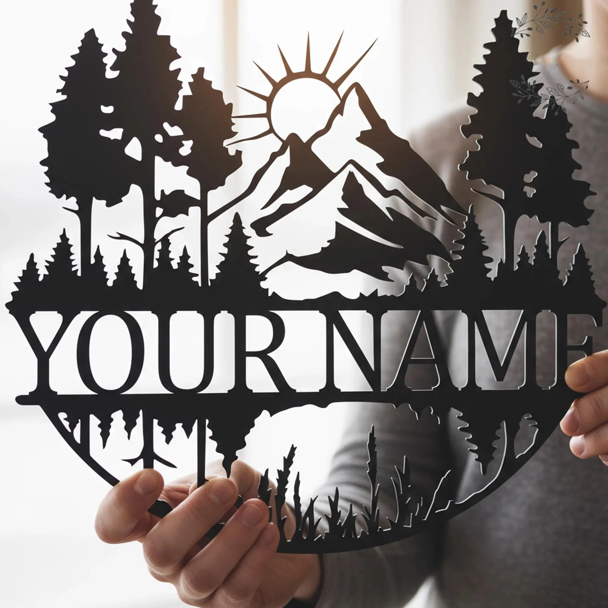 Custom Mountain Forest Metal Wall Sign Name Nature Wall Art with Sun Pine Trees Peak Decor Outdoor Metal Sign Man Cave Gift