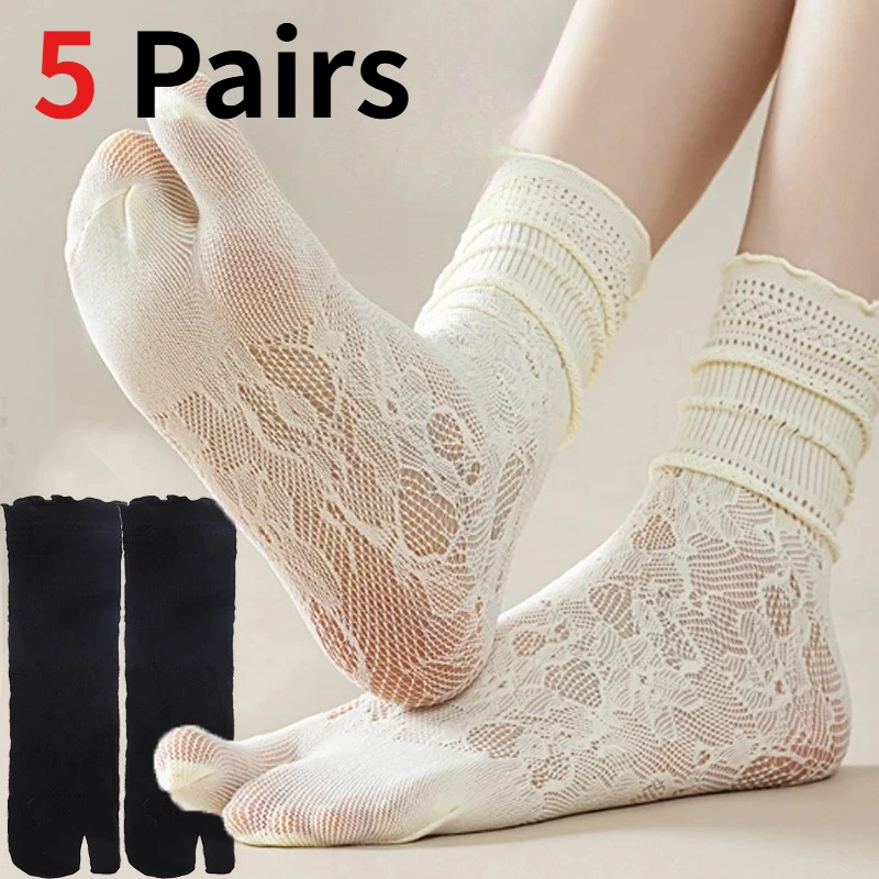 1/5 Pairs Women Summer Japanese Socks Sexy Lace Two Finger Split Toe Socks Mesh Breathable Transparent Solid Color Sheer Socks