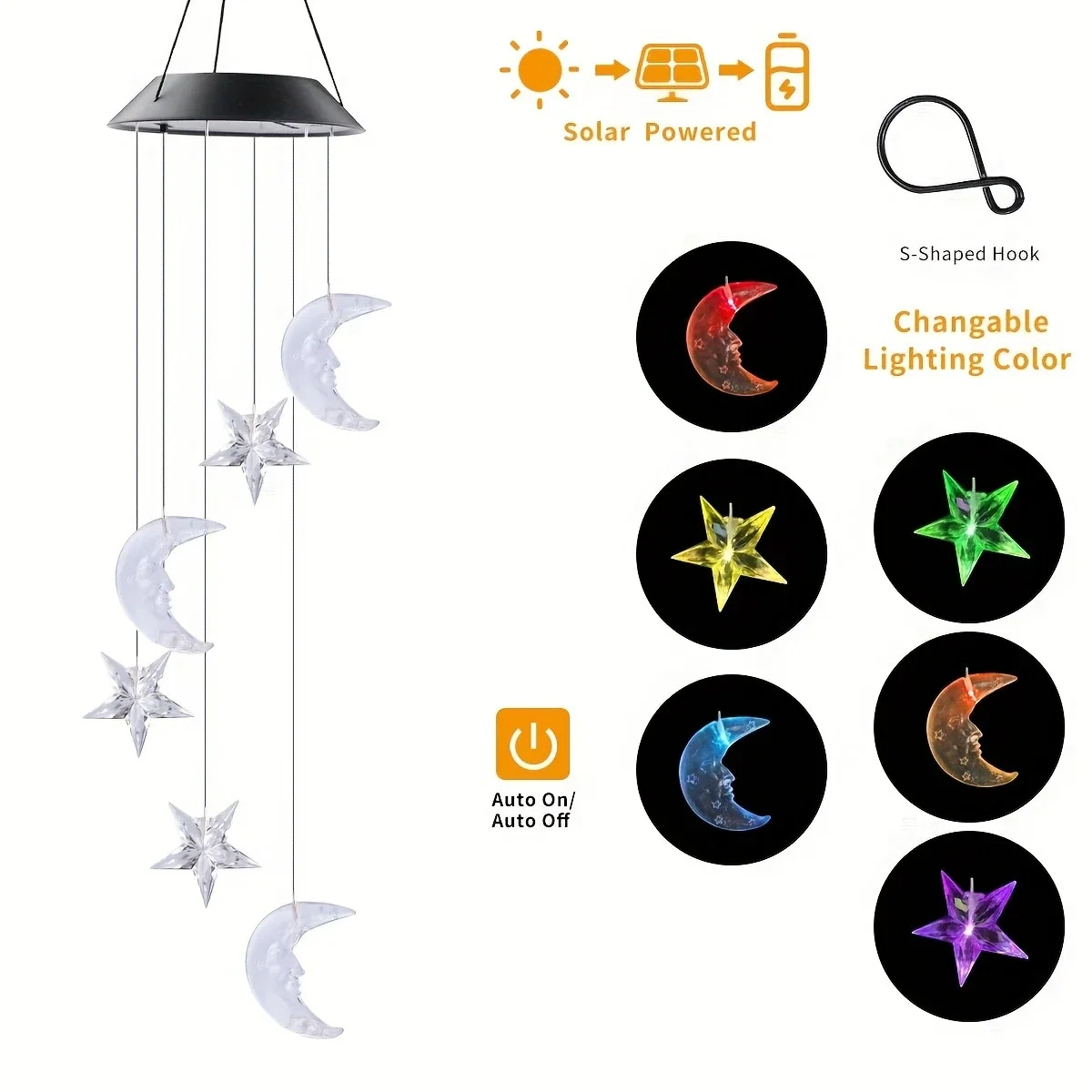 1pc Star/Moon Shaped Wind Chime With Solar LED Light Outdoor Balcony Colorful Hanging Lamps For Home Garden Yard Walkway Decor