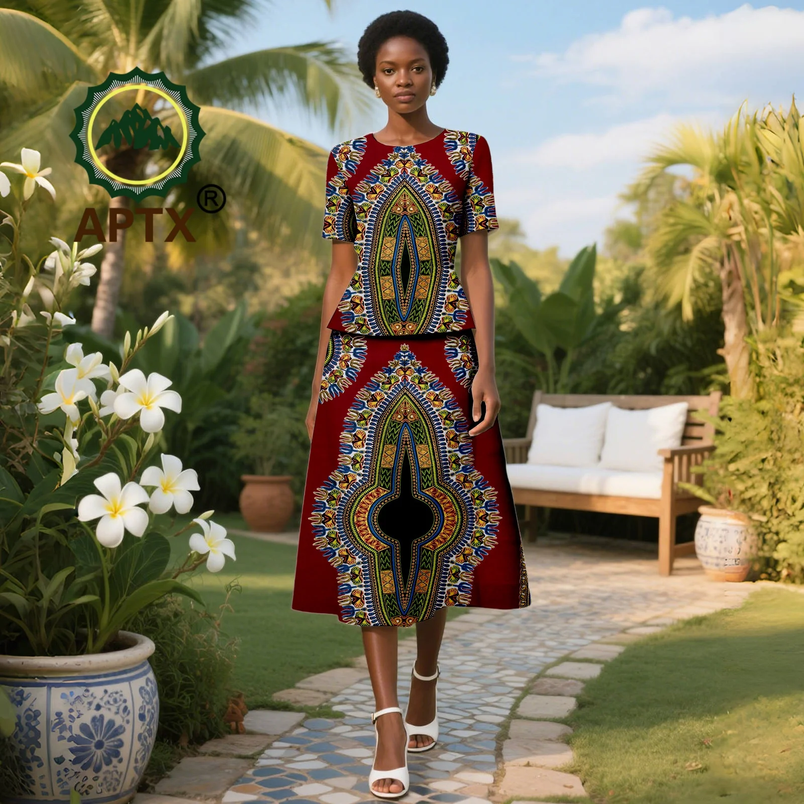 

African Clothes for Women Ankara Print O-Neck Short Sleeve Top and Knee-length Skirt two-piece Set Dashiki Casual Party Dress