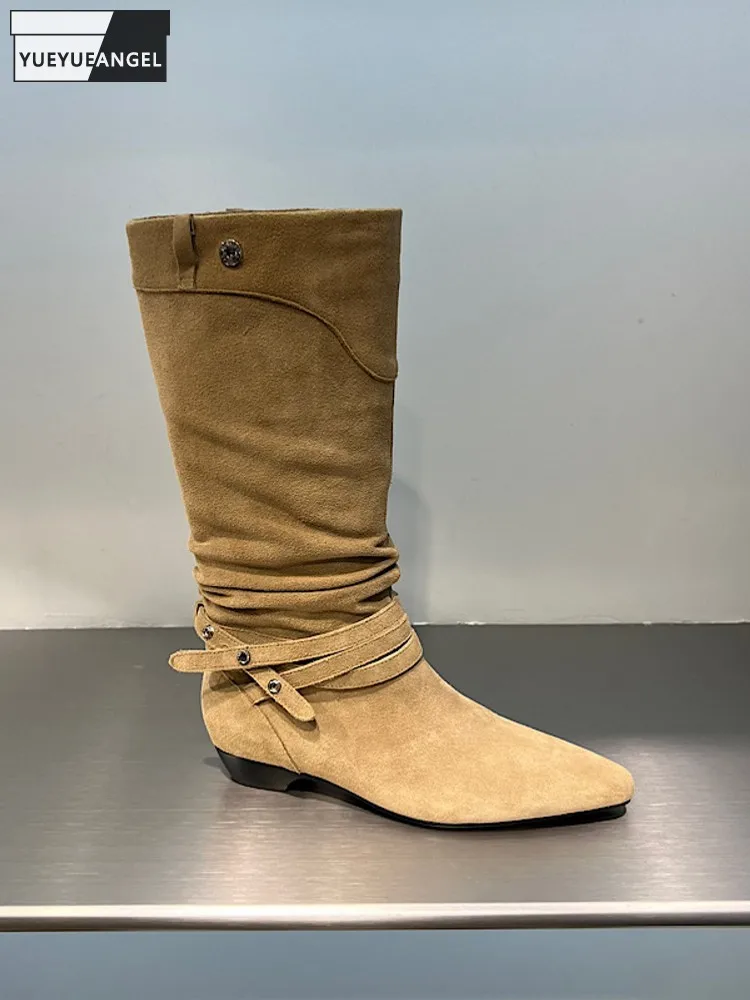 British Style Women Buckle Comfortable Cow Suede Leather Pointed Toe Low Heel Boots Knight Shoes Fashion Ladies Slip On Footwear