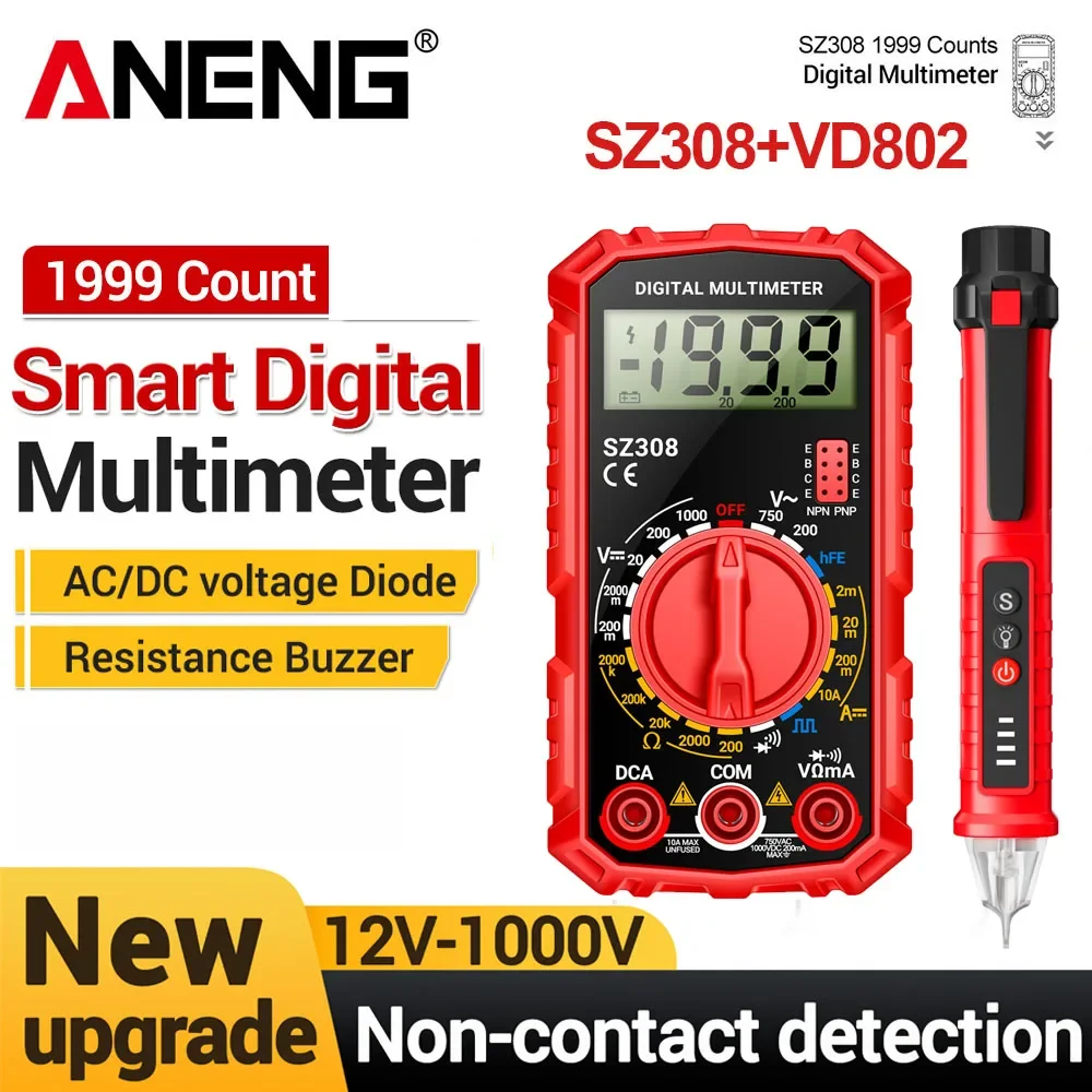 

ANENG SZ308 Square Wave Digital Tester 1999 Counts HFE Triode Buzzer Multimeter AC/DC Voltage 10A Current Multimeters Meter Tool