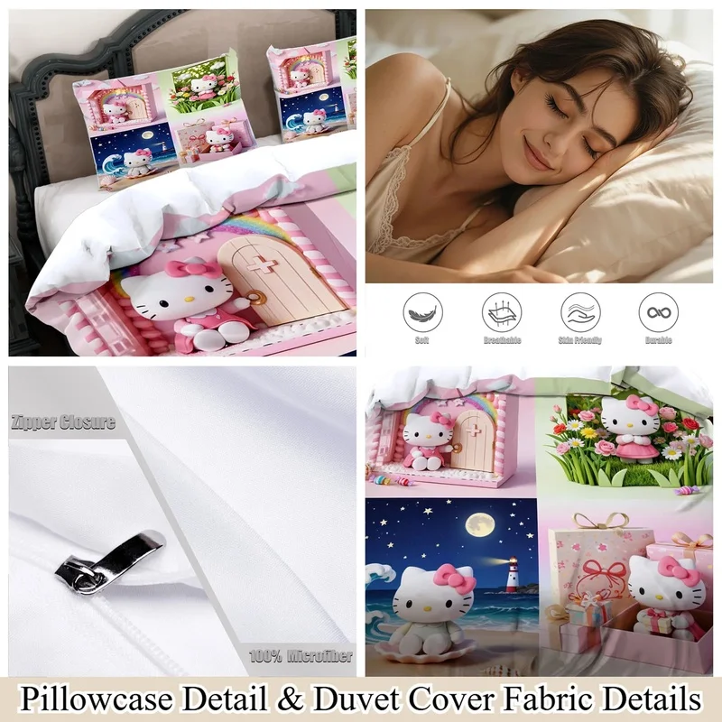 Pink Doll Hello Kitty Duvet Cover Set 4‑Scene Collage Bedding Set For Teen Girls Bedroom Decor view 5