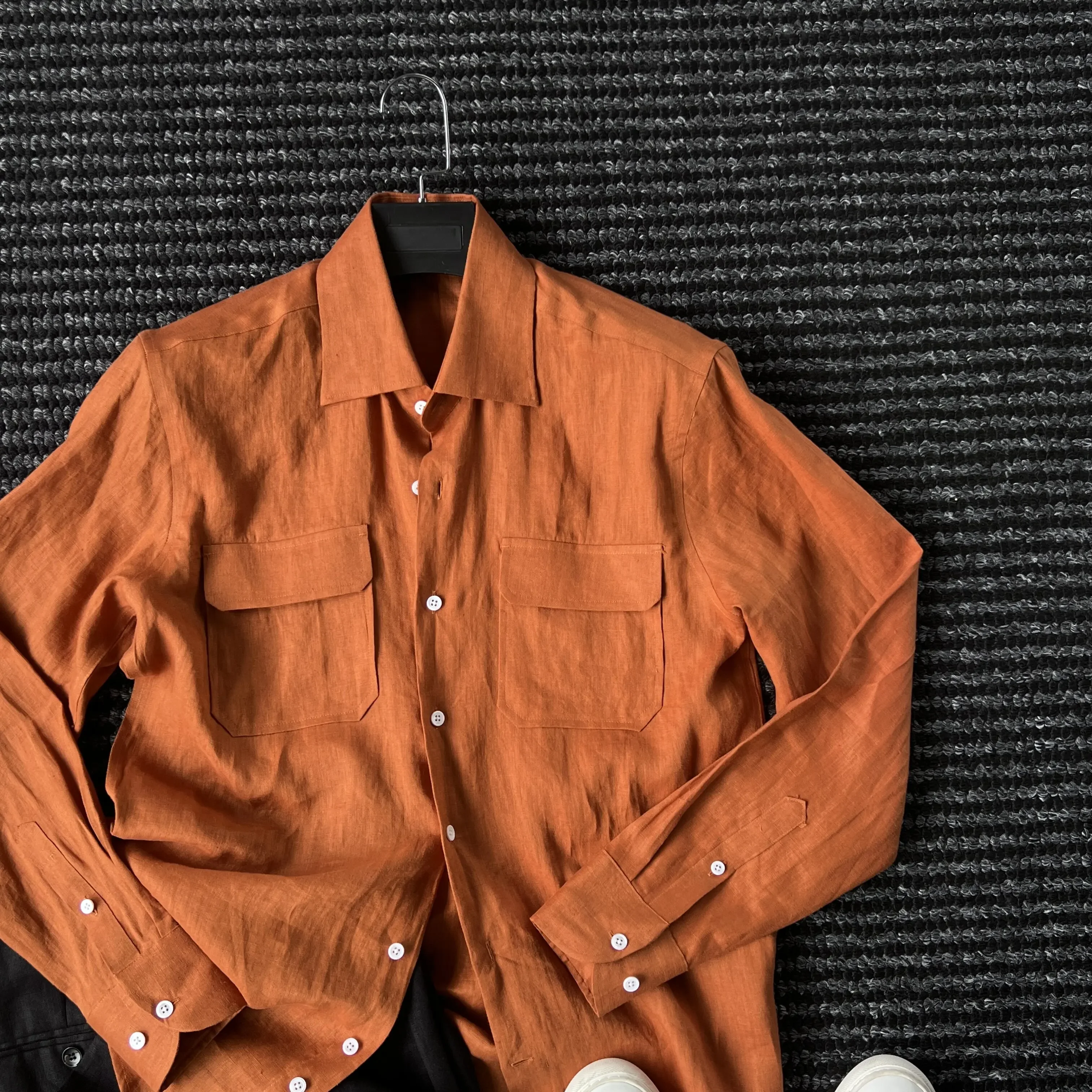 Design Aesthetic 100 Linen Double Pocket Long Sleeve Shirt Men's Gentleman's Elegant Casual Shirt