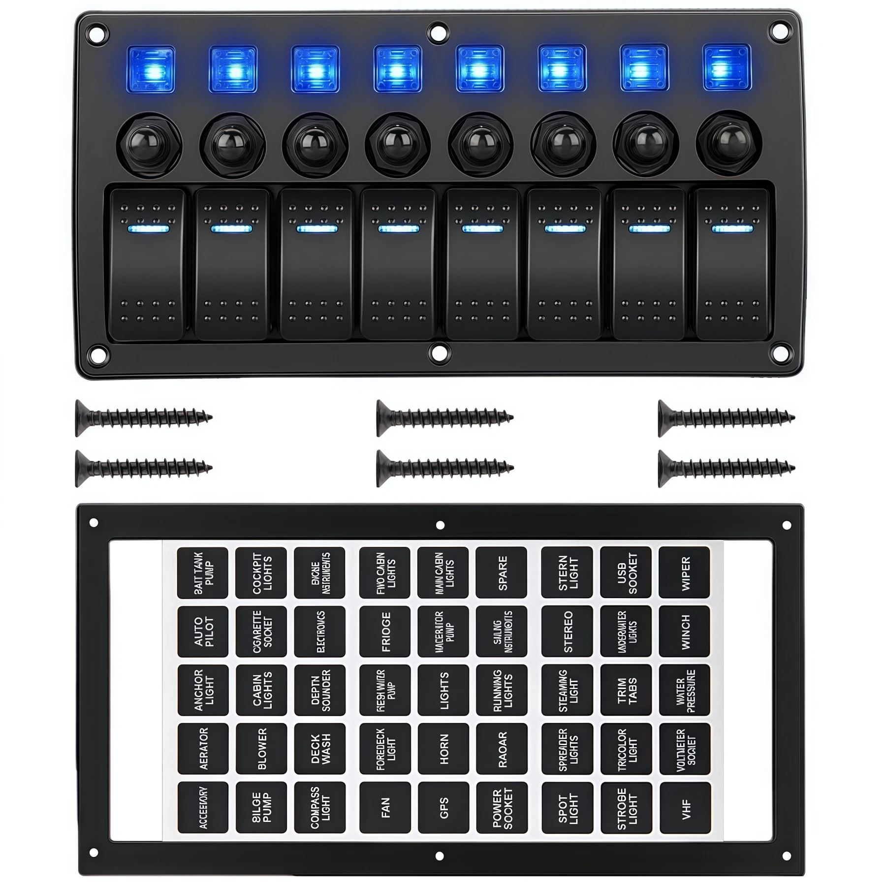 8 Gang Rocker Switch Plastic Panel With Circuit Breaker, Marine 12V 3 Pin On Off LED Toggle Switch Panel For Car Truck Boat RV