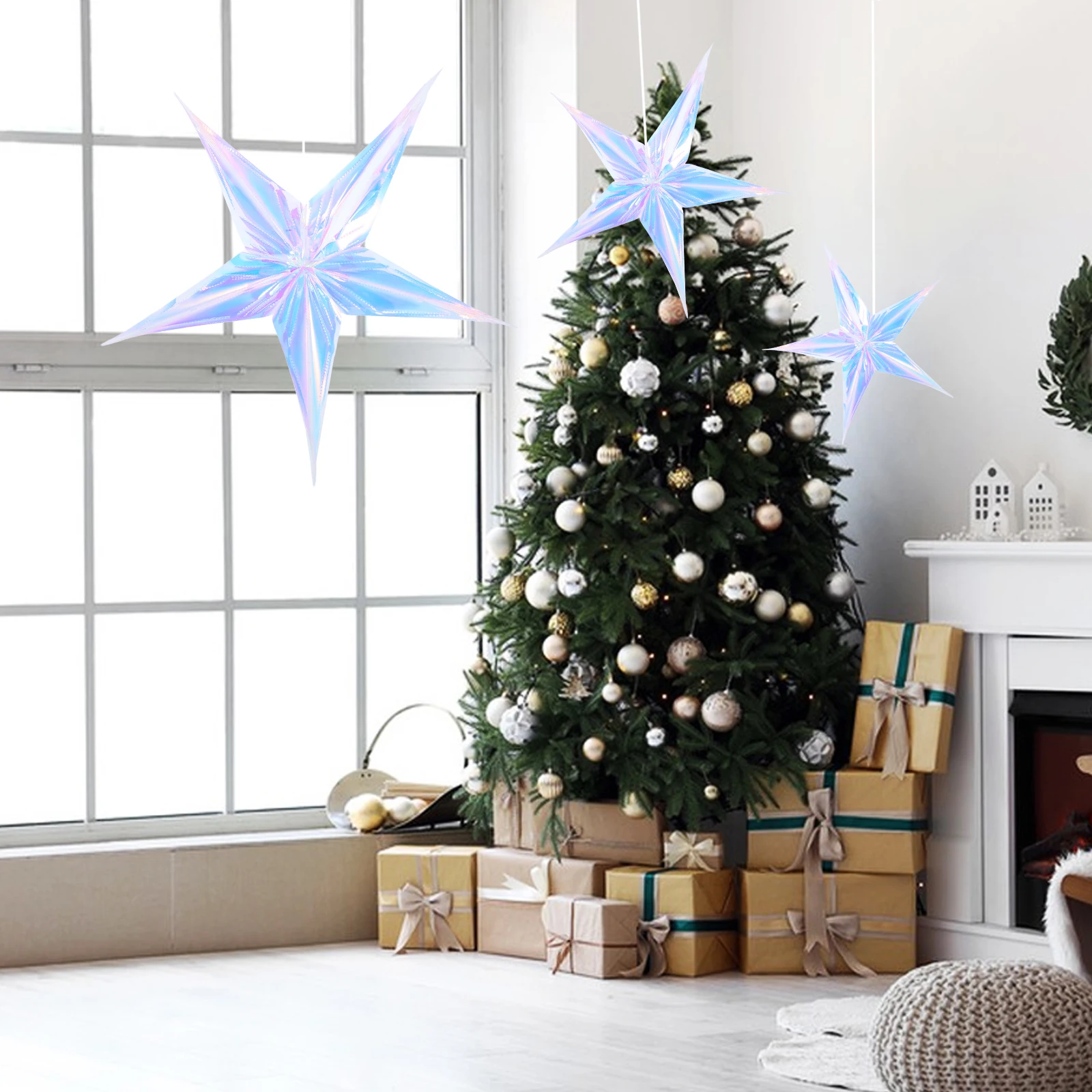 

4pcs Party Decorations Christmas 3D Hanging Stars Plastic Props Iridescent Neon Film Colorful Ceiling Decorations 6 12 16 24