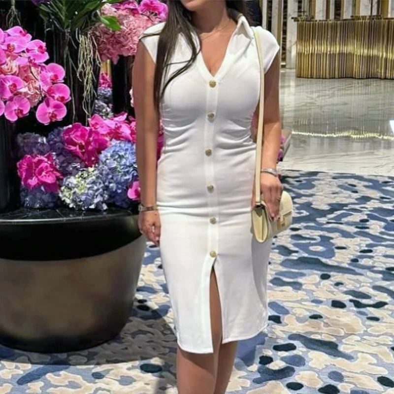 HXAO Ruched فساتين حريمي 2025 الصيف Bodycon فساتين الحفلات الأنيقة بلا أكمام الصلبة فساتين متوسطة الطول زر قميص طويل فستان 088 #2