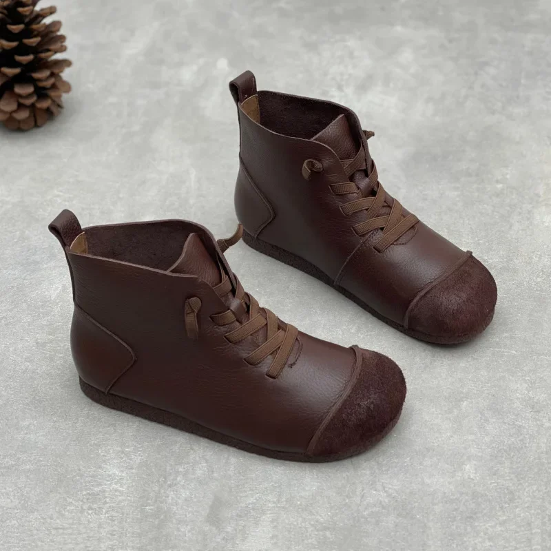 2025 Women New Genuine Leather Ankle Boots Winter Warm Plush Fleece Lined Retro Short Boots Soft Sole Cowhide Flat Shoes Vintage