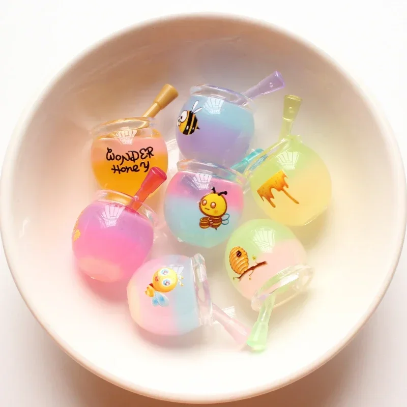 4szt Cute Bee Honey Jar Mini Luminous Honey Pot Women Couple Gift Resin Cabochons Scrapbooking Phone Desktop Doll House Decor