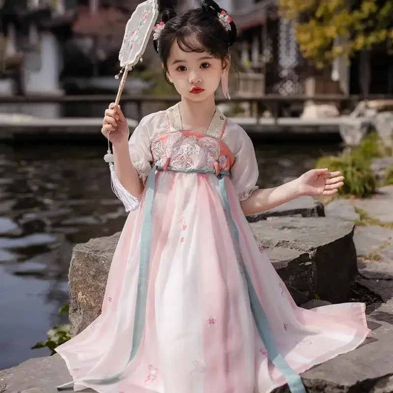 زي هانفو بدلة تانغ للفتيات ، جاكيت وفستان ، طراز الأطفال القديم ، الجنية الفائقة ، على الطراز الصيني ، جديد ، الصيف ،