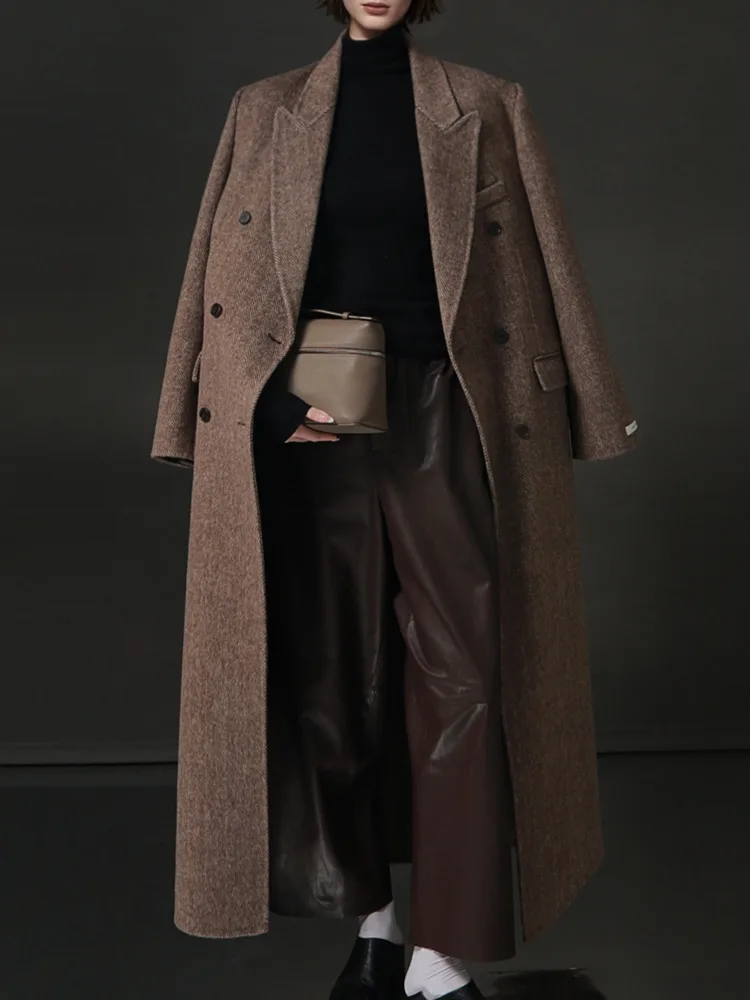 معطف نسائي طويل بني مزدوج الصدر من ZMEENNA معطف طويل برباط ذاتي وحزام من مزيج الصوف مناسب ملابس خارجية شتوية ZM4533