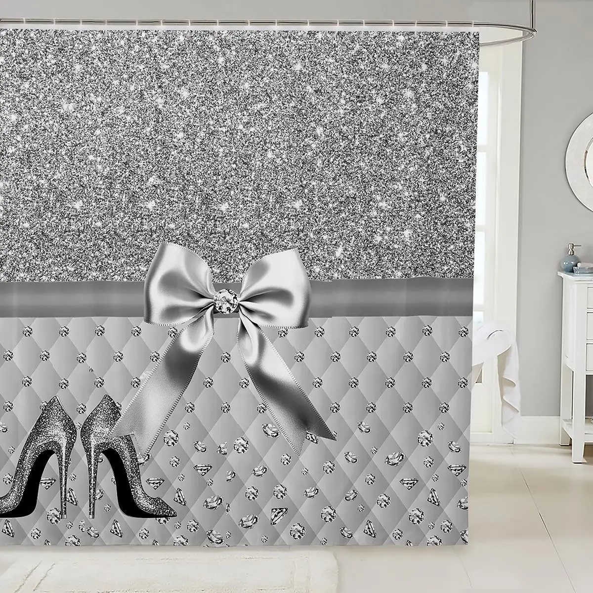 

Silver Glitter High Heels Shower Curtain Glamour Bow Diamond Design Bathroom Decor Linen180x230