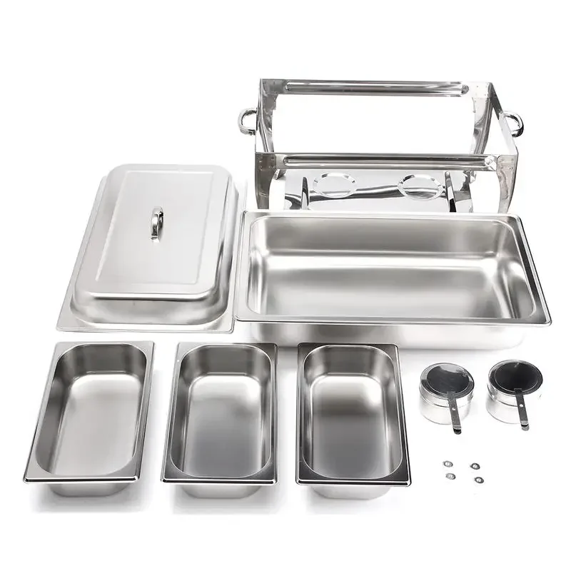 Square Buffet Stove Dish Set 9L Foldable Stainless Steel Container Food Warmer Rectangular Chafing Dish Full Buffet Catering
