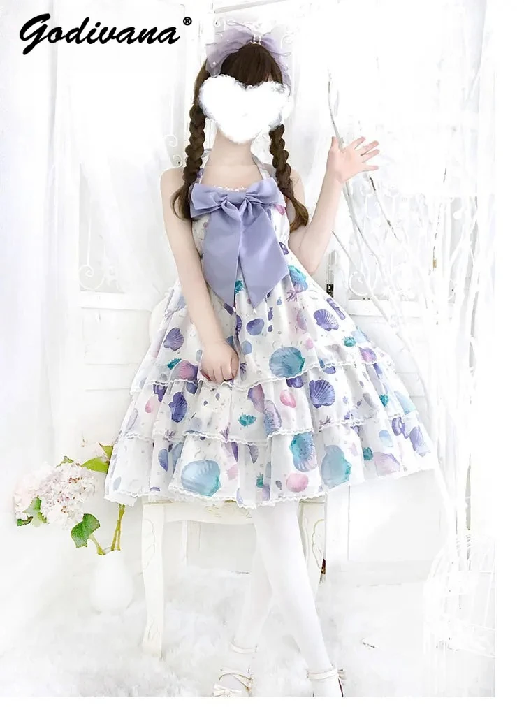 Japanese Elegant Strapless Bow Shell Jellyfish Gradual Change Print Lolita A-line Dress Girl Women's Summer Short Sling Dresses