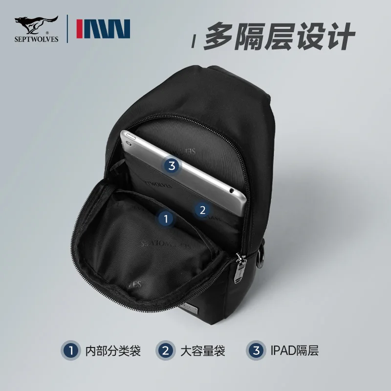 Septwolves Waterproof Fabric Men Sling Bag Business Travel One Shoulder Backpack Wear-Resistant With 7.9-Inch IPad Compartment