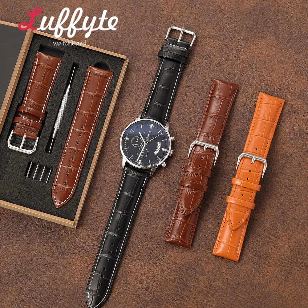 Business Men Synthetic Leather Wristband 16mm 18mm 20mm 22mm 24mm with Gift Packing Box Replacement Embossed Watch Strap