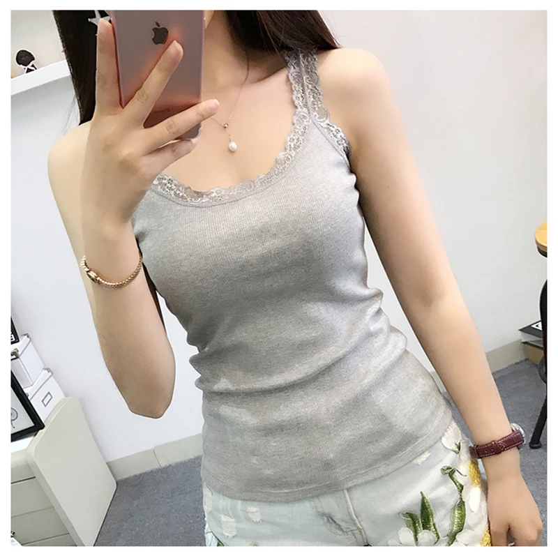 Newest Summer Girl Women Lace Top Tank  Cotton Camisole Cami Shirt Ladies Sexy Slim Vest Tops sleeveless T shirt