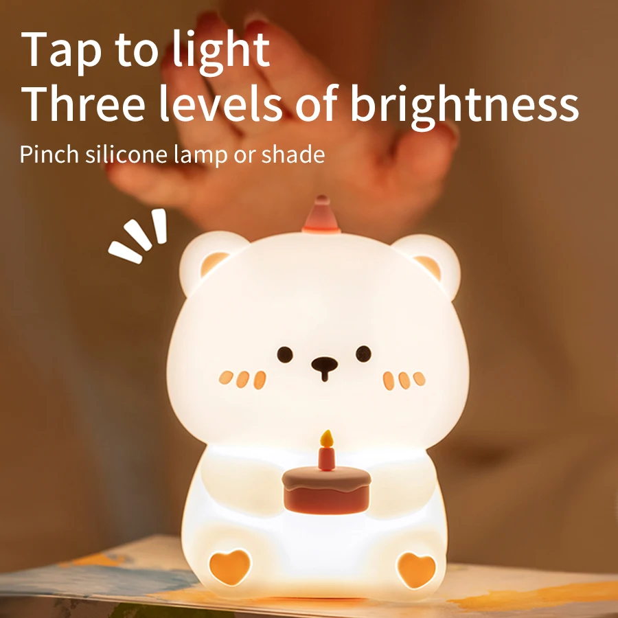 Baby Bear Night Light Silicone Led Nursery Kawaii Animal Mood Light for Kid Bedroom Decoration Bedside Birthday Rechargeable