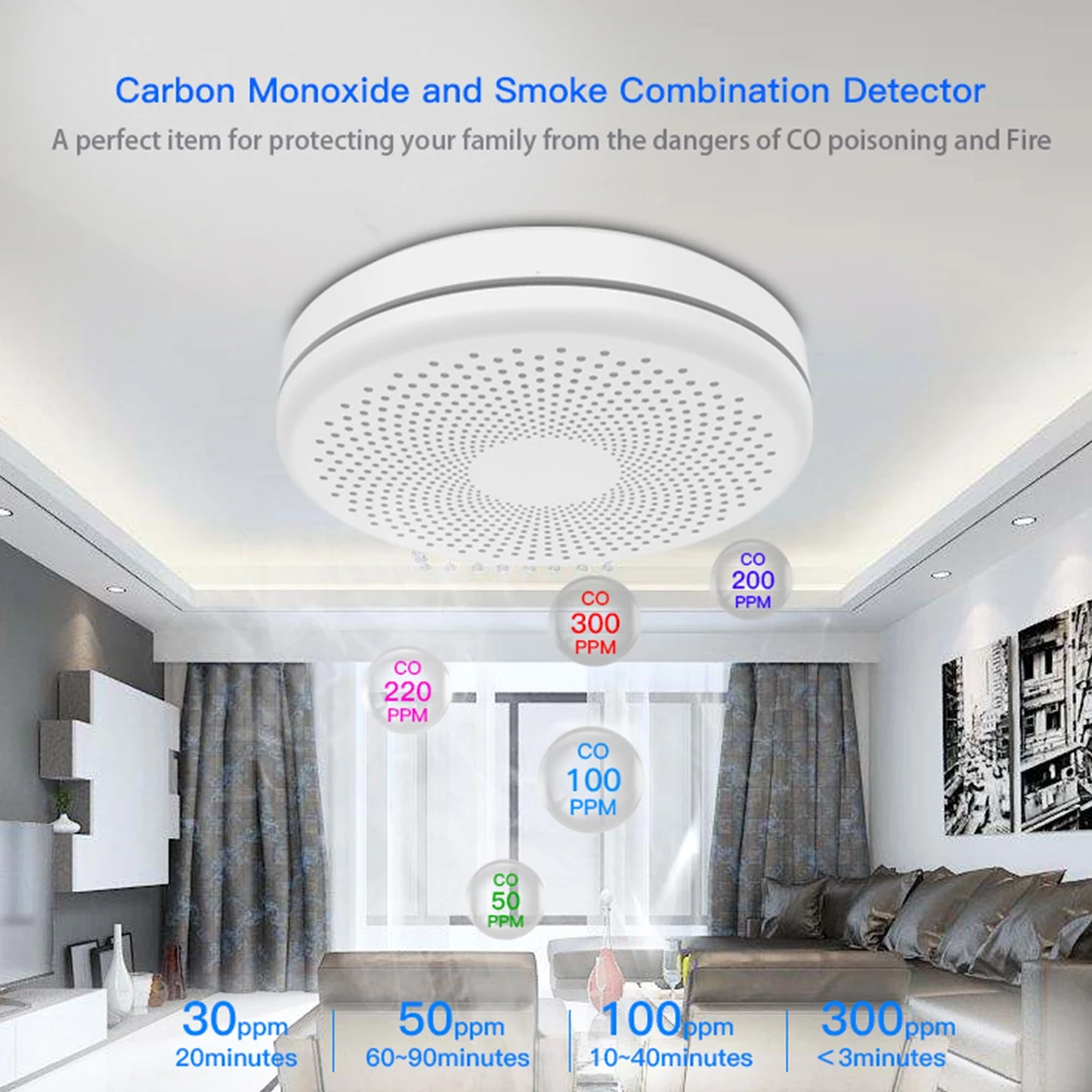 CPVAN Tuya WiFi Smoke & Carbon Monoxide 2 In 1 Detector Combination CO Smoke Alarm Sensor 85dB Sound Alert Security Protection