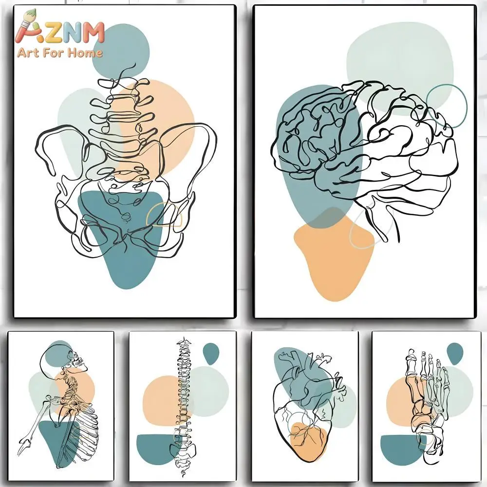 AZNM Boho Line Art Human Anatomy Canvas Print Spine Brain Heart Skeleton Hand Foot Abstract Geometric Unframed Canvas Wall Art C