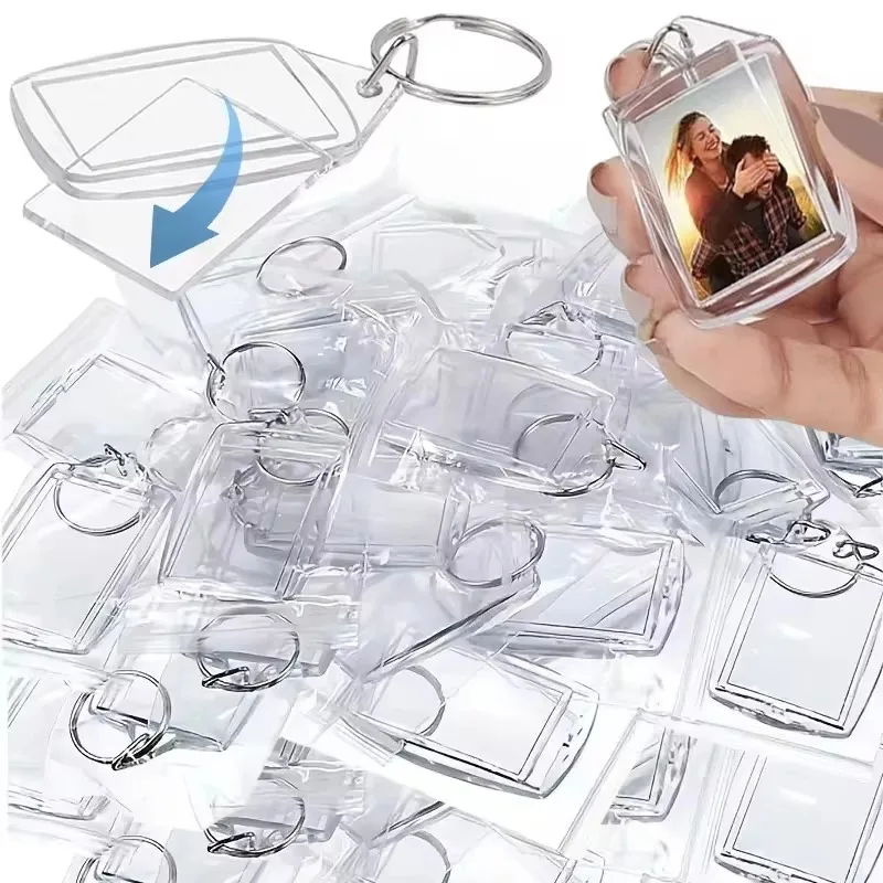 5-100PCS Clear Acrylic Photo Frame Keychain Photo Insert Keyrings Blank Rectangle for Double-Sided Photos DIY Supplies