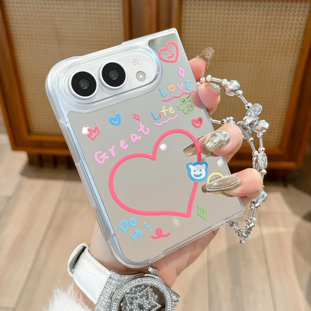 Cute Mirror Back with Wrist Strap Clear Phone Case for IPhone DUO  18 Fold PC+TPU Shockproof Anti Scratch Protective Cover - view 3