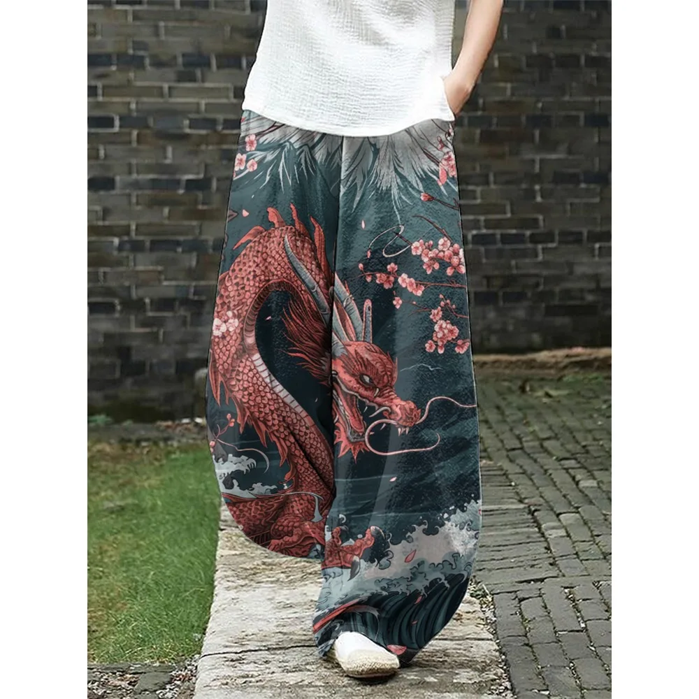 Feminino retro japonês guindaste impressão calças de perna larga boho solto calças casuais única moda artística calças compridas para mulher