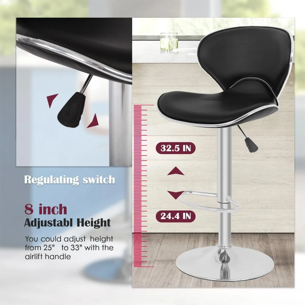 Bar Stools Counter Stools with Height Adjustable Swivel Counter Chairs Back PU Leather Set of 2 Dining Chairs