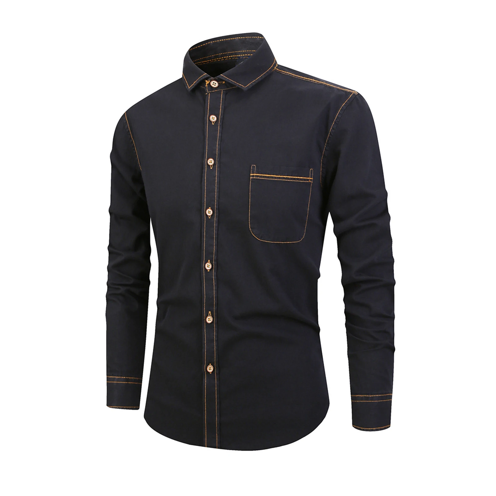 Kemeja Denim Pria Kualitas Katun Baru Musim Gugur Kemeja Lengan Panjang Kasual Saku Tunggal Warna Solid Kemeja Perkakas Jeans Musim Gugur untuk Pria